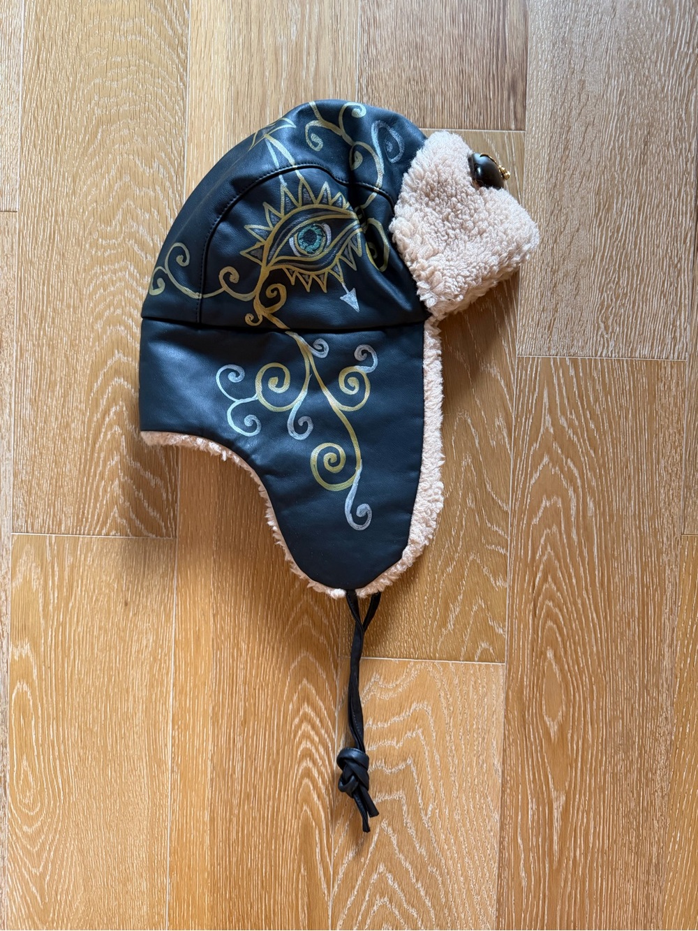 Women’s Black Faux-Leather Trapper Hat with Cream painted on